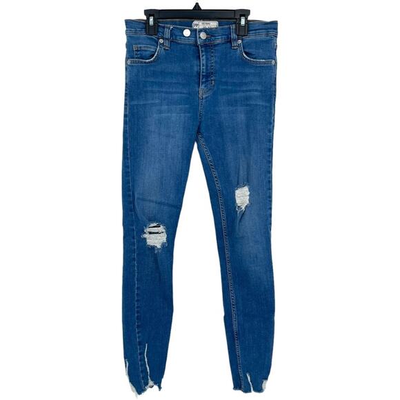 Free People Women's Distressed Mid Rise Medium Wash Skinny Jeans Size 26 - Picture 1 of 3